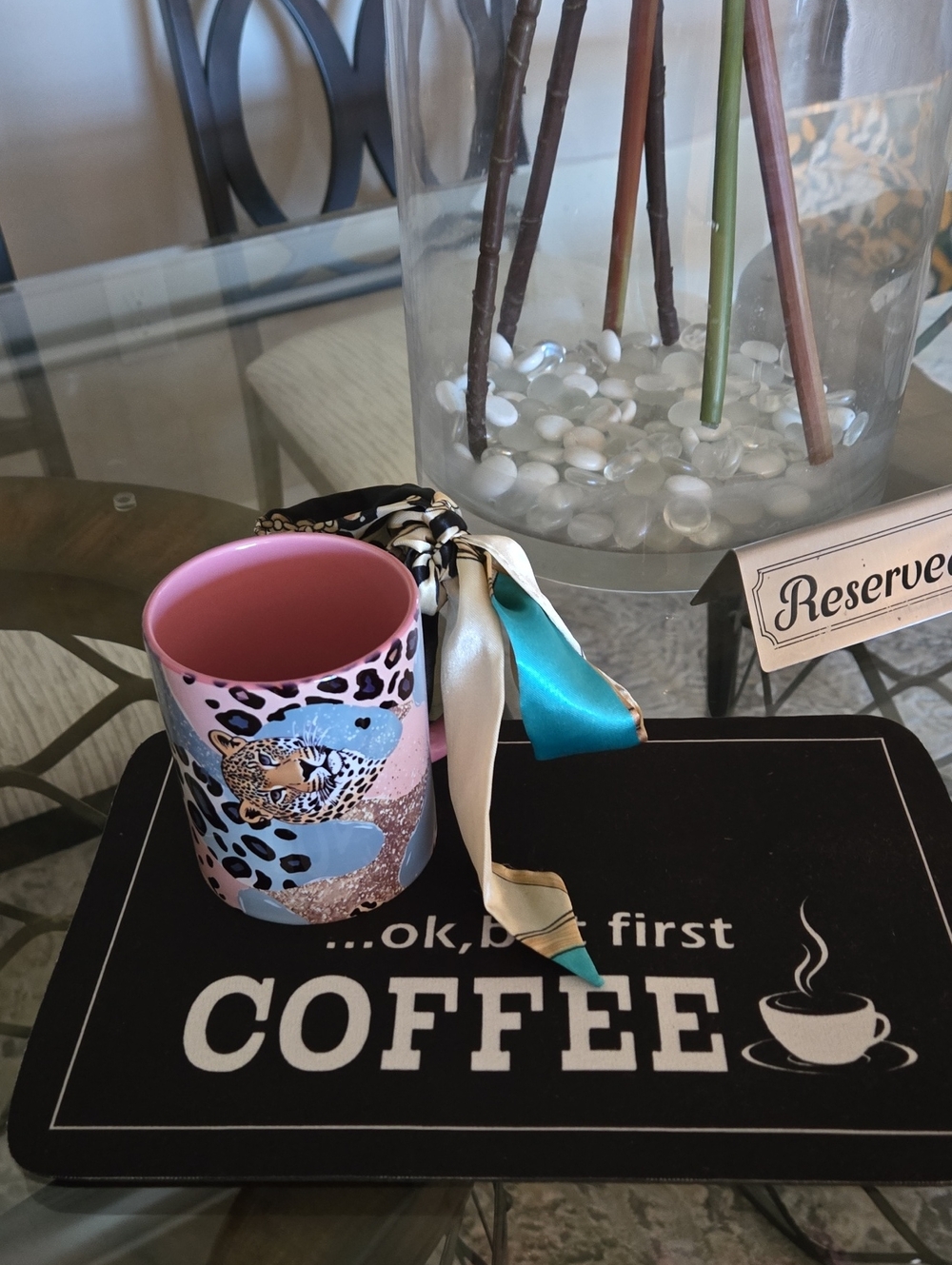 Stylish Pink Leopard Ceramic Coffee Mug with Accent Animal Print Twilly Scarf
